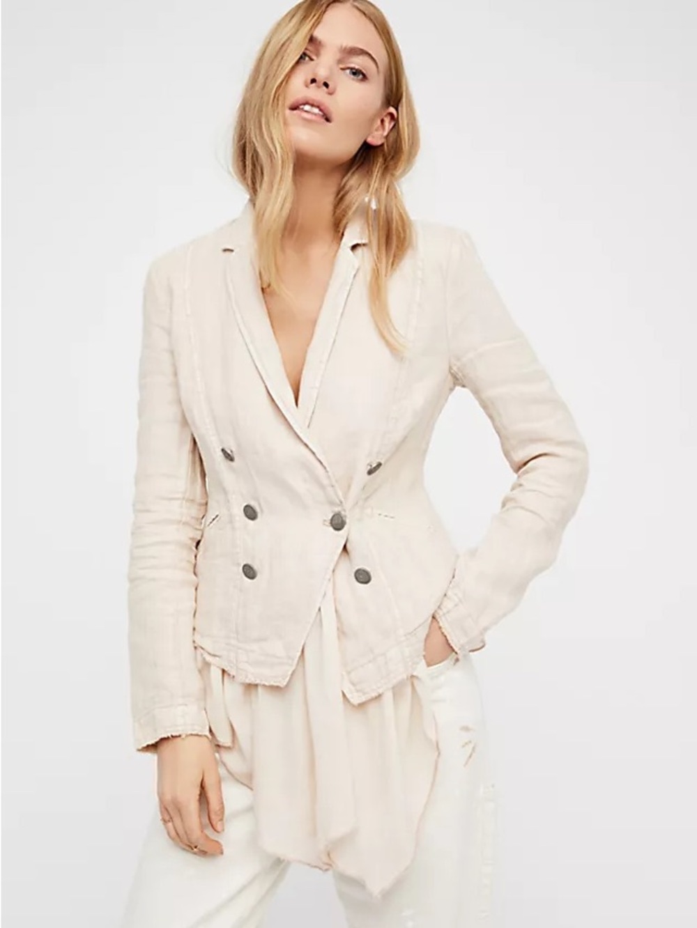 Free People Layered Ruffles Blazer Jacket Medium Cream Linen Boho